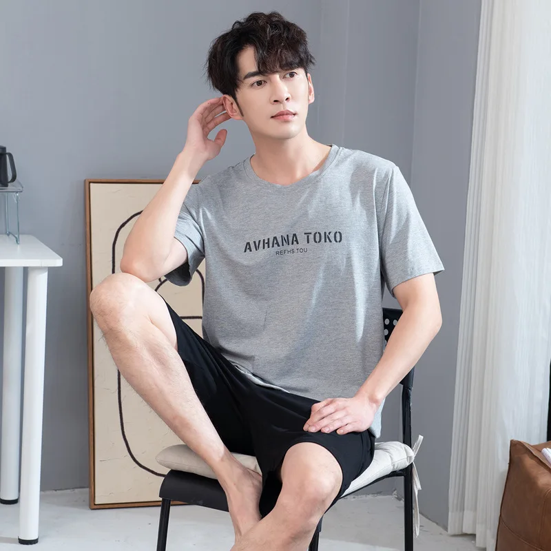 100% Cotton Pajamas for Men Fashion Print Sleepwear+Plaid Shorts Summer Hygroscopic Breathable Pajama Sets pyjama pijama homme