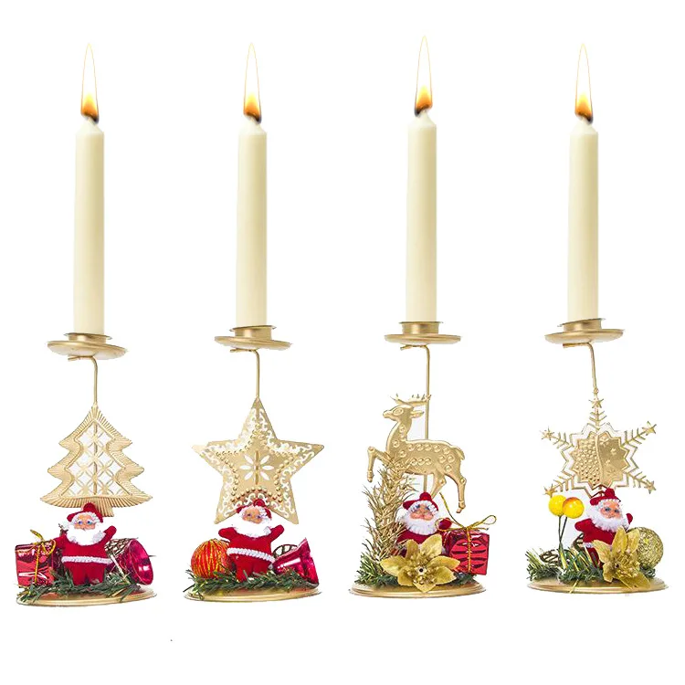 

Christmas Candle Holder with Gold Star Topper Pinecones Table Centerpiece Ornament Iron Metal Pillar Candlestick Decorations