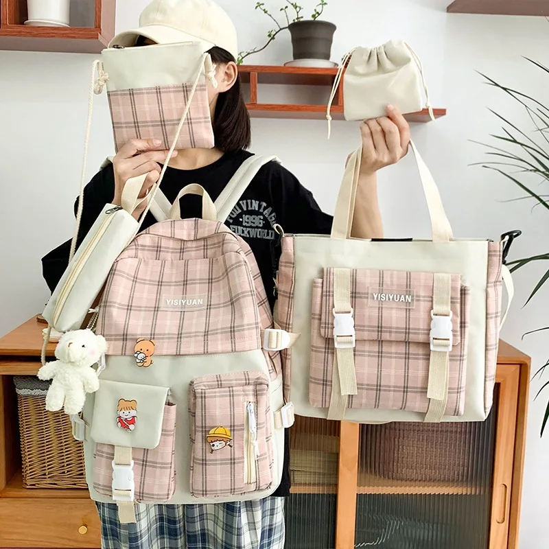 

5Pcs Lattice Canvas Backpack School Bags for Women Anti Theft Handbags Shoulder Bags Teen Girls Backapcks Bookbag Bolsa Feminina