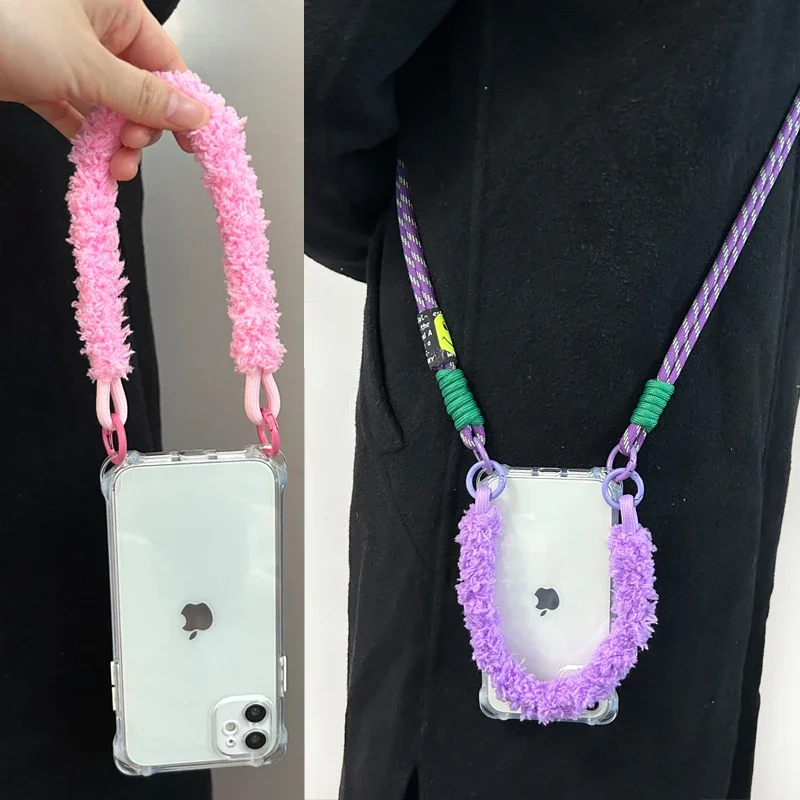 Crossbody Necklace Cord Plush Lanyard Phone Case For iPhone 16 15 14 13 12 11 Pro Max Plus Soft Cover