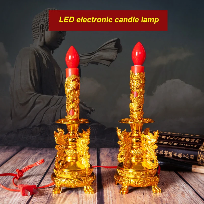 

2pcs Electric Candles With Holders Dragon Phoenix Pattern Candle Holders Buddha New Year Electric Candlestick With Light Bulbs