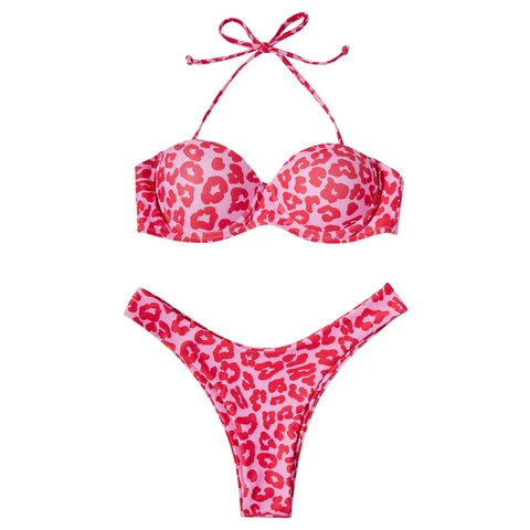 Swimwear 2023 Women Leopard Brazilian Bathing Suit Summer Halter Beachwear Biquini Bandeau Swimsuit Women Push Up Bikini Set