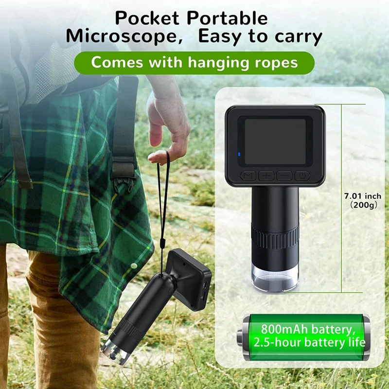Микроскоп для детей с увеличением 50X-1000X IPS HD-экран фотографии 2-31 МП видео 1080P 2 часа
