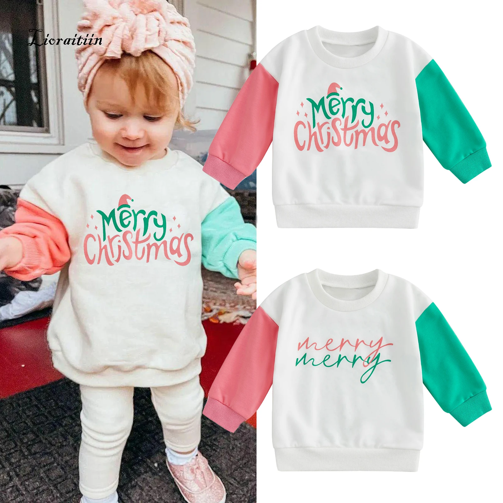 

2022-08-04 Lioraitiin 0-4Years Toddler Kids Girls Christmas Sweatshirt Long Sleeve Crew Neck Hat/Letters Print Pullover Tops