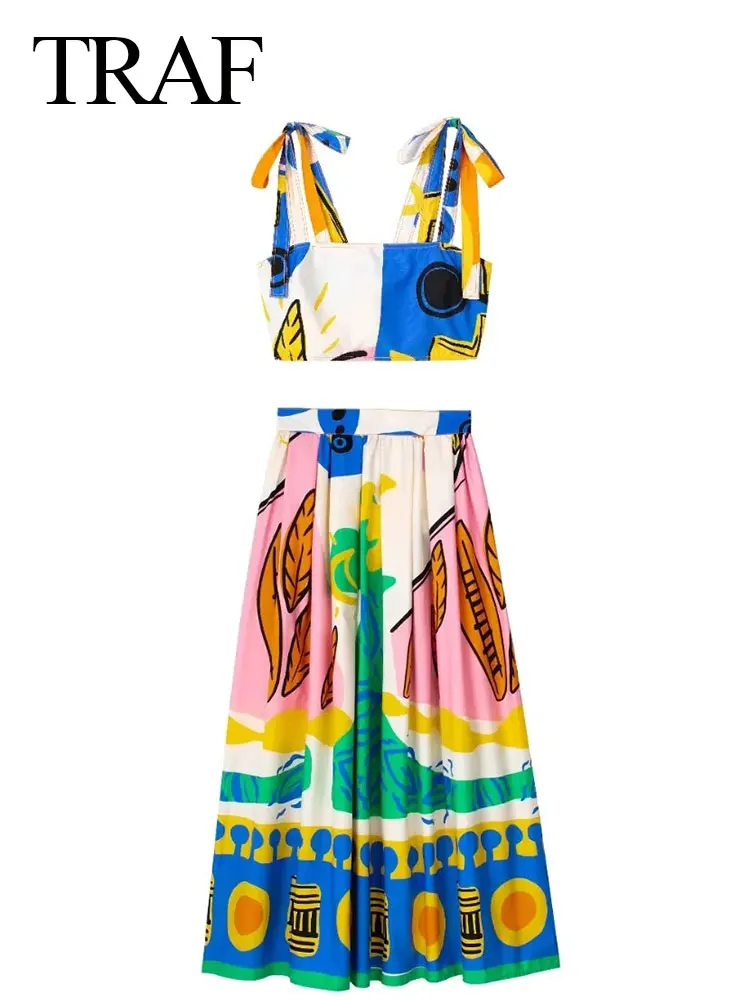 

TRAF Women Print Skirts Set Straps Bustier Backless Slim Tank Tops + High Waist Pleated Midi Skirt Female Streetwear