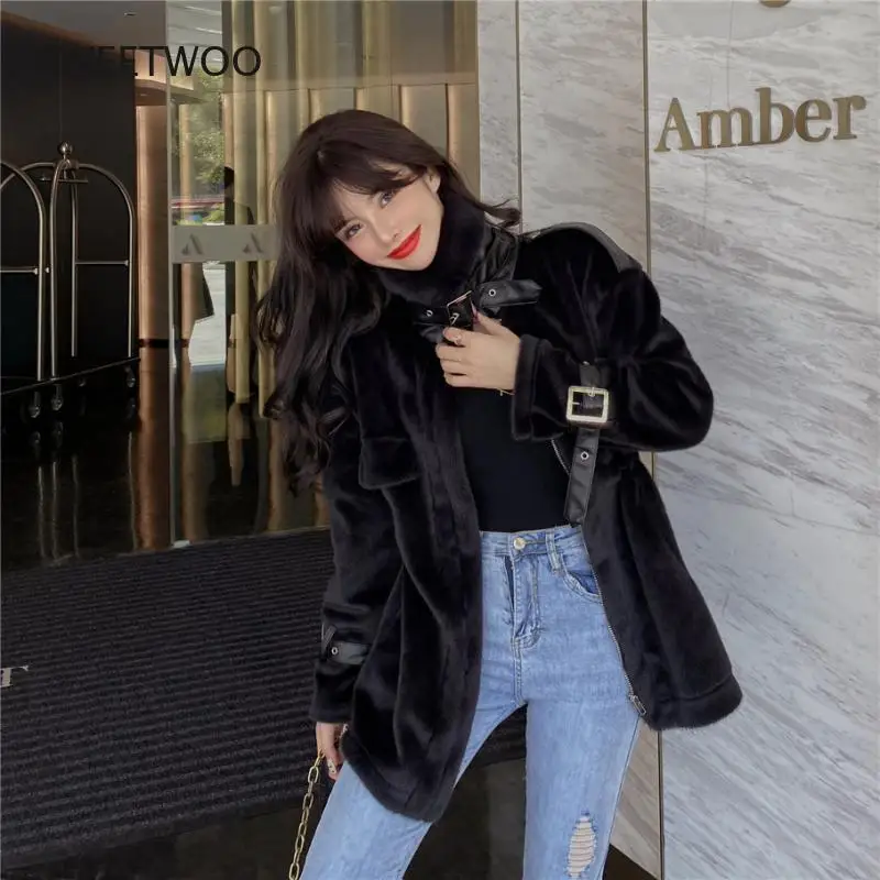 Winter Soft Warm Thick Faux Fur Coat Women Drop Shoulder Long Sleeve Zipper Drawstring Fluffy Jacket Korean Fashion Slim 2022