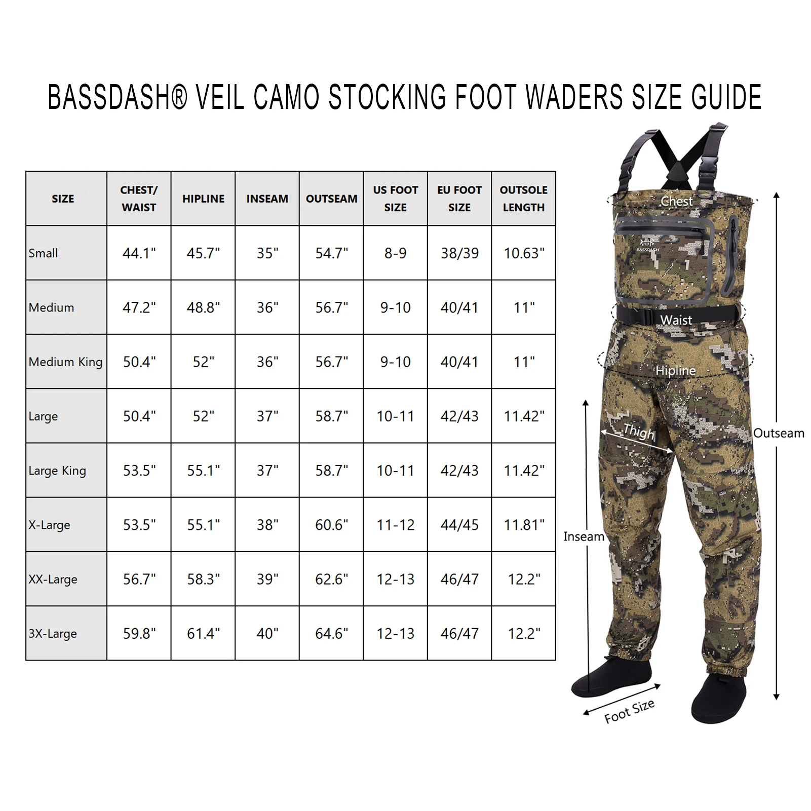 Bassdash Veil Camo Chest Stocking Foot and Boot Foot Fishing Hunting Waders for Men Breathable and Ultra Lightweight in 13 Sizes
