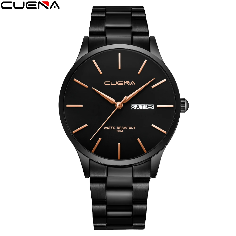

Изысканные часы CUENA 2022, мужские элегантные тонкие деловые кварцевые модные черные мужские повседневные часы из нержавеющей стали, мужские часы