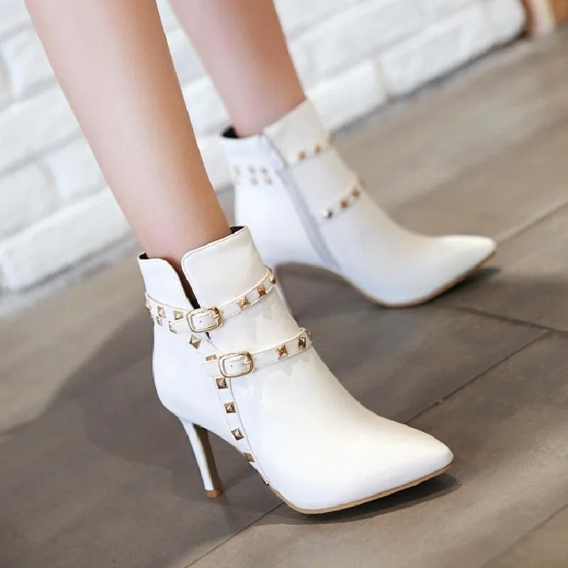 

01 Autumn and Winter New European and American Pointed High-heeled Short Boots Rivet Belt Buckle Thin Heeled Knight Boots