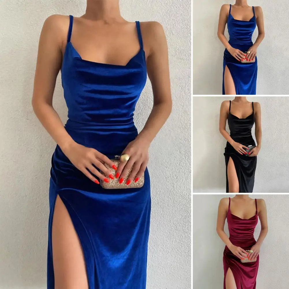 

Sleeveless Off Shoulder Low Collar Side Split Hem Party Dress Sexy Elegant Sling Pleated Velvet Gown Midi Dress Female Clothing