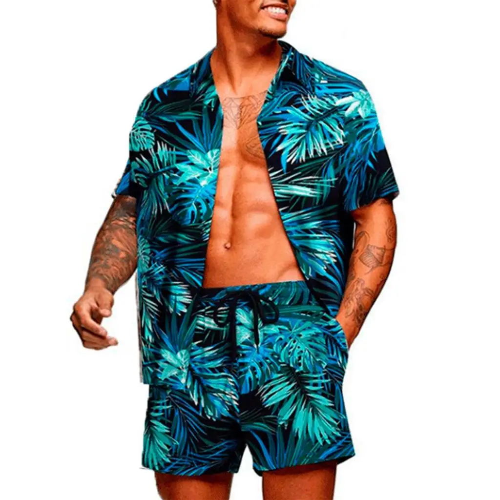 

Tropic Plants Flower 2PCS Shirts Suits Men Fashion Shirts+Shorts Two Piece Sets Hawaii Shirts Beach Shirt Sets Beach Vocation