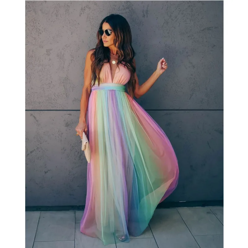 

ZA 2021 New Women Elegant Long Dress Summer V-neck Mesh Rainbow Printed Sleeveless Lace Beach Dress Female Sexy Party Dresses