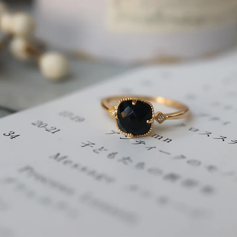 925 Sterling Silver 18K Gold Plated  2022 New Black Natural Agate Zircon Square Ring Geometric Fashion Luxury Jewelry Open Ring