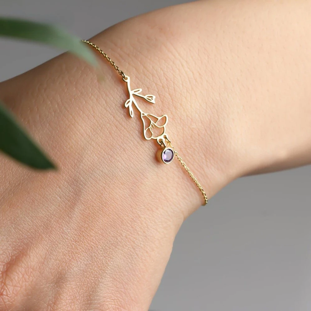 

New Bracelets for Women Stainless Steel Flower Birthstone Bracelet Gold Silver Jewelry Girlfriend Birthday Gifts Pulseras Mujer