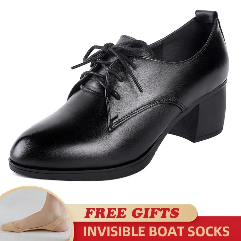 

Black Women Dress Shoes 2023 New Genuine Leather Fashion Delicate Sweet Lace Up High Heel Shoes Women Pointed Toe