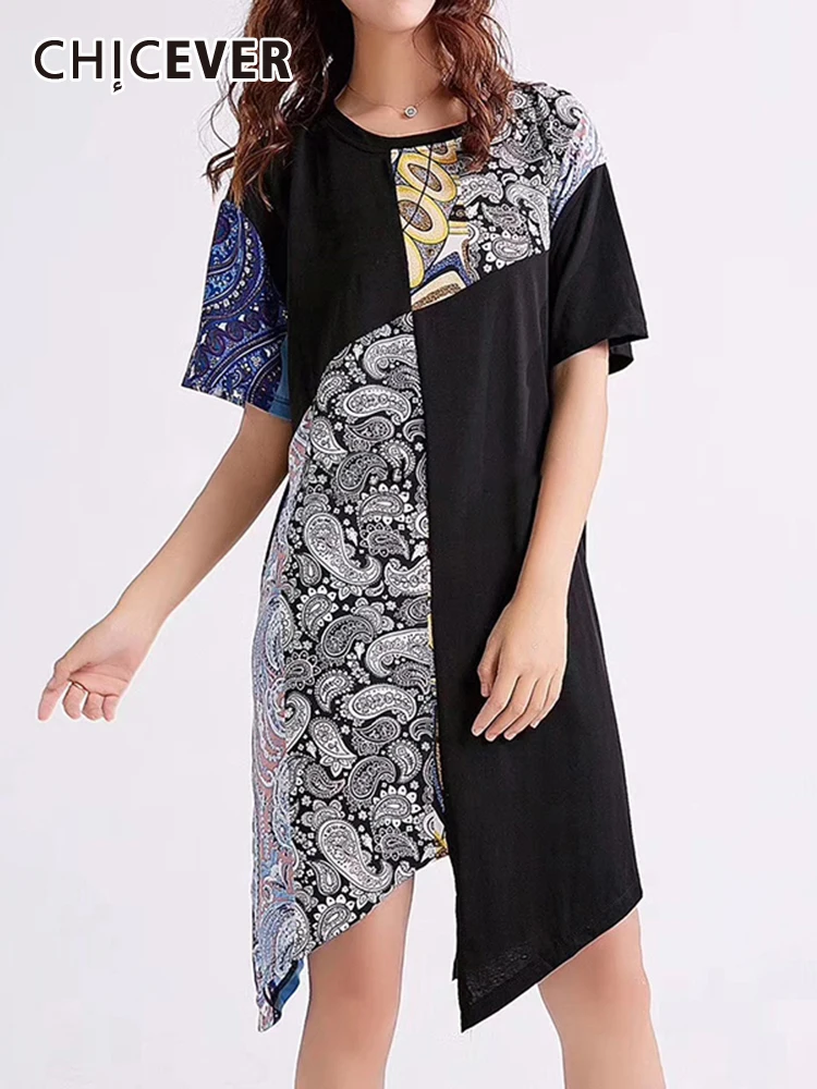 

CHICEVER цветное платье средней длины в стиле пэчворк женские Асимметричные свободные платья с круглым вырезом и коротким рукавом для женщин М...