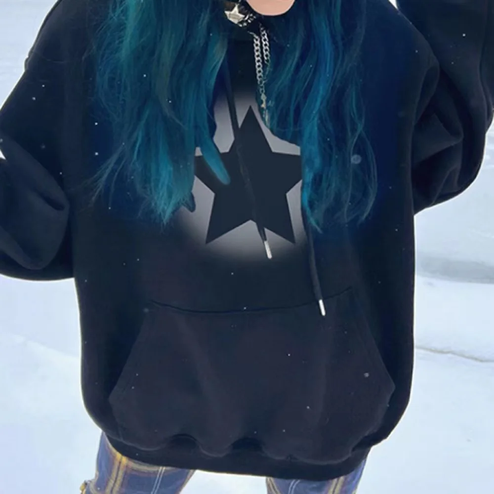 

Star Print Oversized Hoodies Long Sleeve Loose Women's Goth Punk Style Poket Sweatshirt Y2K Aesthetic Grunge 2022 New Autumn