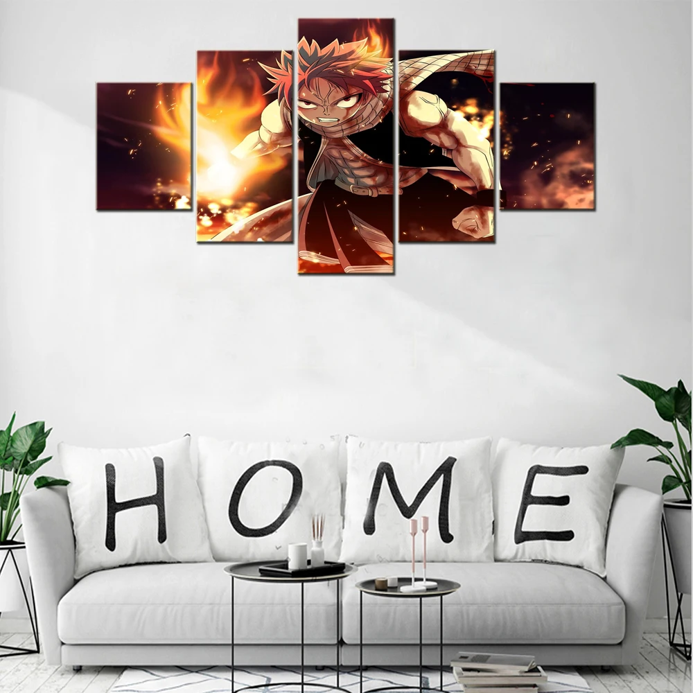 

Framed Modular Photo Print High Resolution Canvas Painting 5 Panel Fairy Tail Fire For Modern Home Decor Bedroom Anime Posters