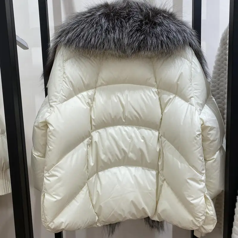 Women Winter Coats With Big Silver Fox Fur Collar Trim New Goose Duck Down Jacket Female Loose Fashion Collar Detachable