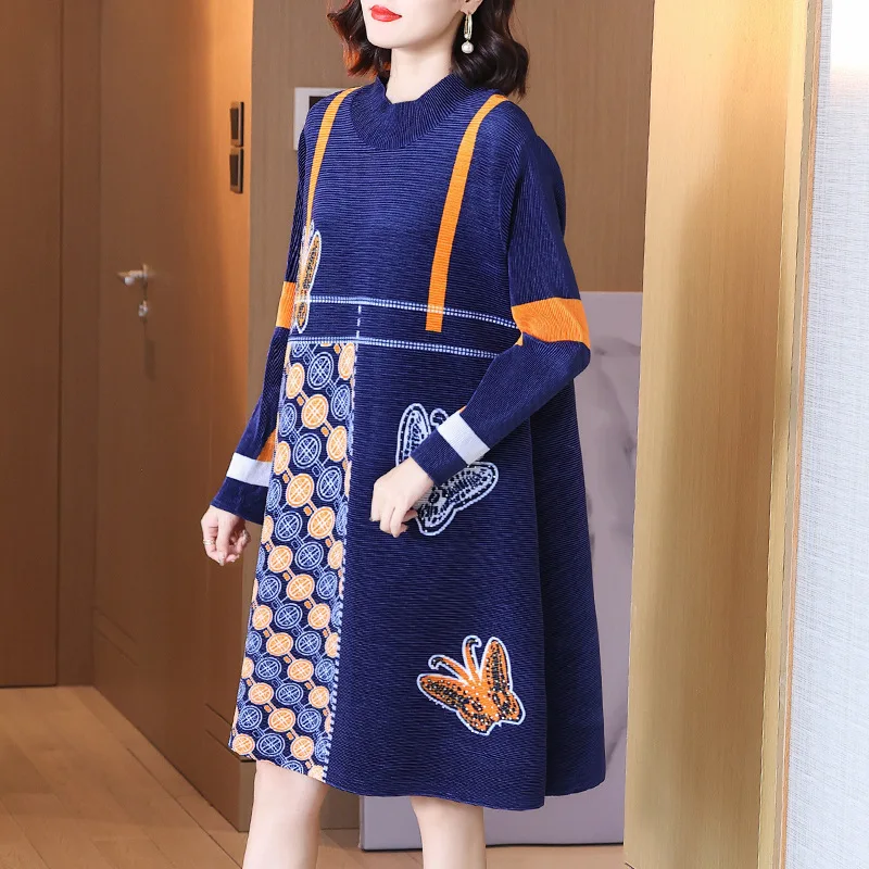 

Miyake Pleated Dress for Women 2022 Autumn and Winter New Advanced Gold Velvet Printed Round Neck Plus Size Women Fashion Dress