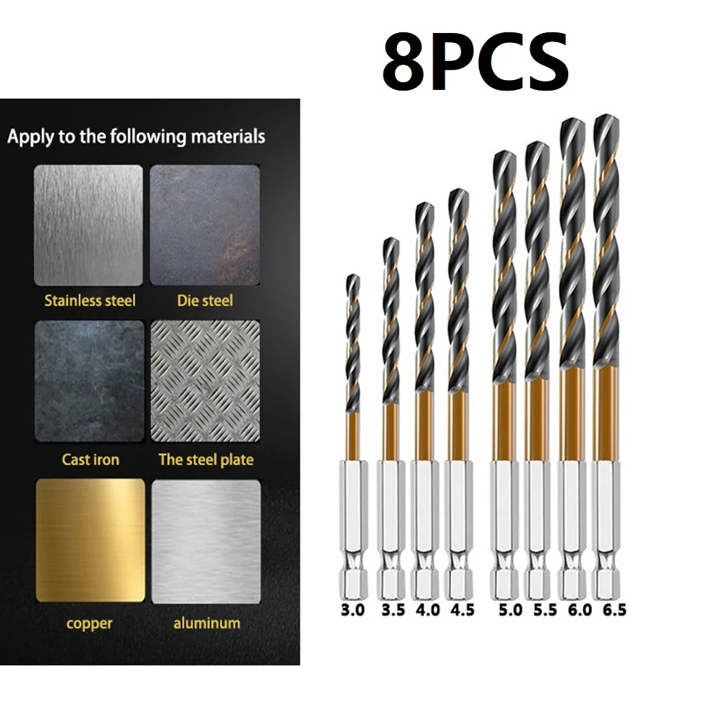 8PCS HSS High Speed Steel Titanium Coated Drill Bit Set 1/4 Hex Shank 3-6.5mm Hexagonal Handle Twist Drill For Metal Drilling