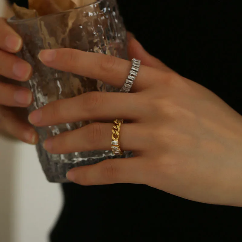 

Brass AAA ZIrcon Wave Ring Women Jewelry Punk Hiphop Designer Runway Rare Simply Gown Boho Top Japan Korean INS Trendy