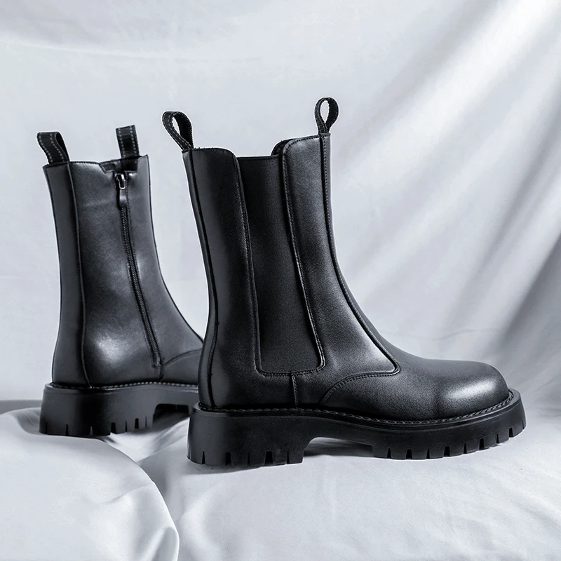 

#38-44 High Boots For Men's Fashion Solid Black British Style Chelsea Boots Daily Casual Banquet Mid-Calf Leather Shoes