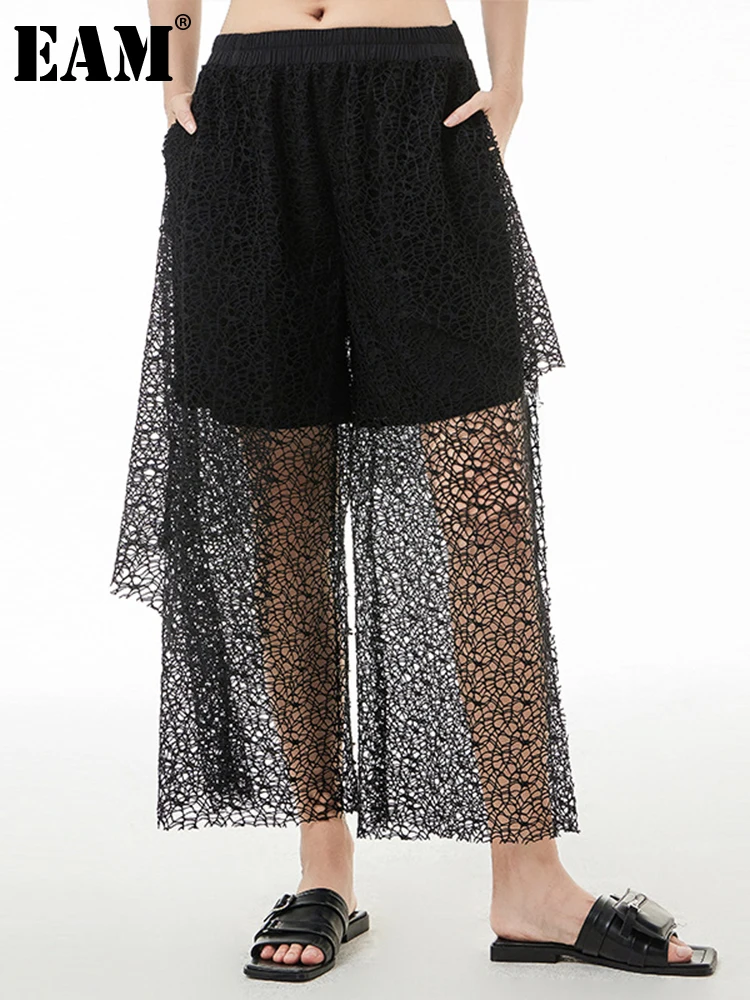

[EAM] High Elastic Waist Black Mesh Perspective Long Trousers New Loose Fit Pants Women Fashion Tide Spring Autumn 2023 1DE9696