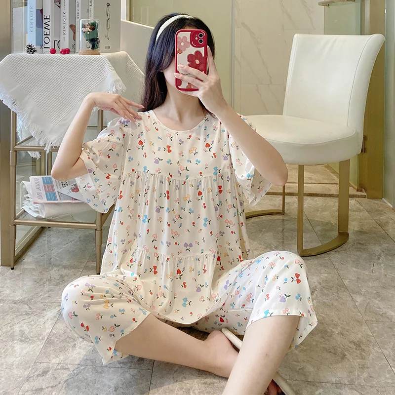 Summer New Cotton Silk Pajamas Women's Short-sleeved Artificial Cotton Pullover Suit Women Nightwear
