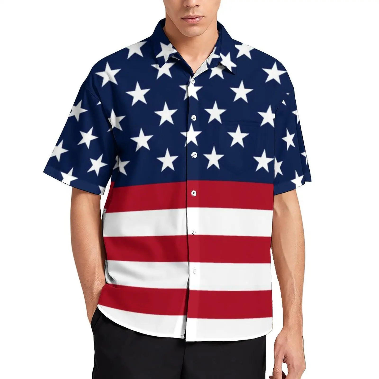 

Star Spangled USA Flag Beach Shirt Patriotic Red White Blue Stars Stripes Hawaiian Casual Shirts Aesthetic Blouses Design Top