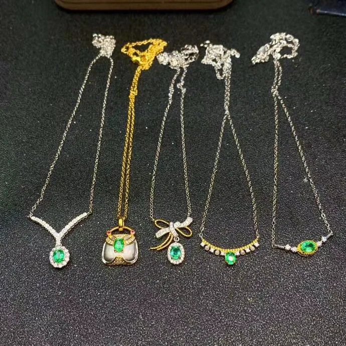 

MeiBaPJ 5 Styles Natural Emerald Gemstone Pendant Necklaces Real 925 Pure Silver Green Stone Fine Wedding Jewelry for Women
