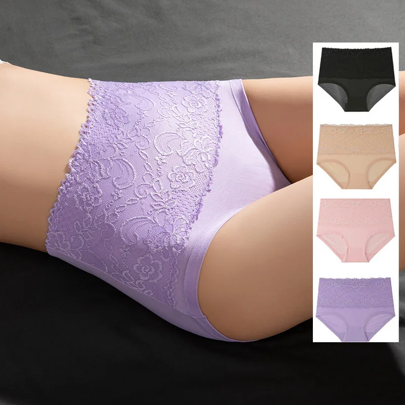 

M-6XL Plus Size Women Lace Edge Panties Briefs Sexy Breathable High Waist Underpants Abdomen Hip-lifting Solid Color Underwear