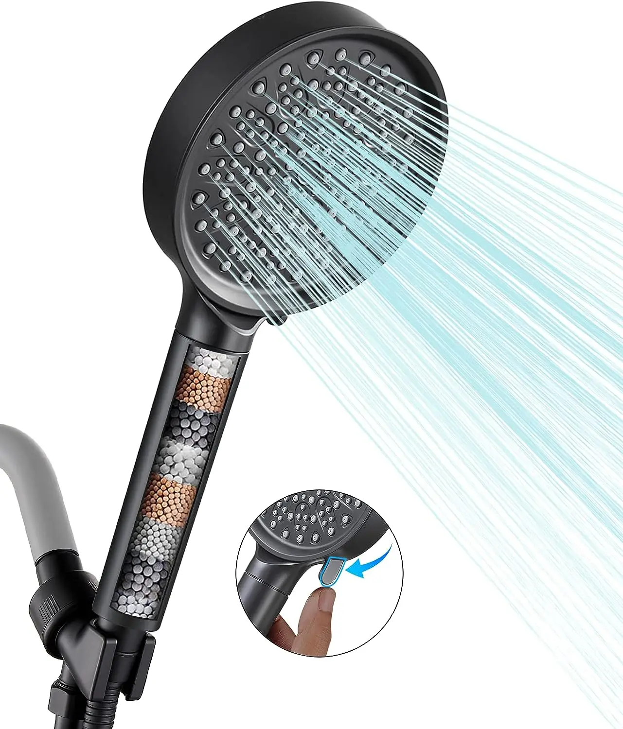 

Filtered Shower Head with Handheld High Pressure 6 Spray Mode Showerhead with Water Softener Filters Beads Remove Chlorine