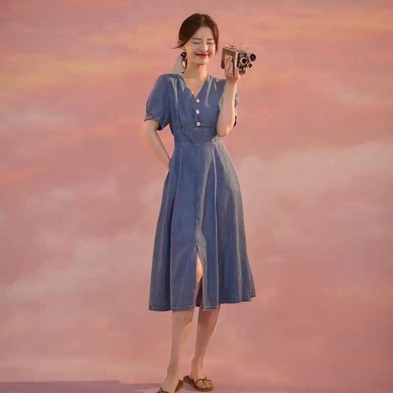

Women's Clothing Summer Korean Style Fashion V Neck Short Sleeve Dress Women Streetwear Denim Dresses Vestidos De Mujer E64