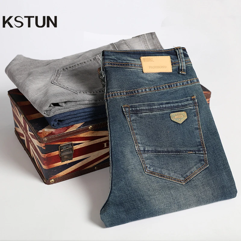 

KSTUN Jeans Men Retro Blue Straight Regular Fit Business Casual Denim Pants Men's Jeans Long Trousers Vintage Jeans Oversize 40