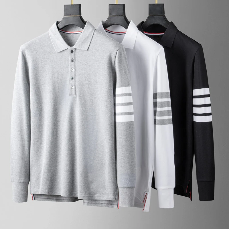 

TB THOM Men's T-shirt Luxury Brand Long Sleeve Pure Cotton Pullover Fashion Casual Classic 4-Bar Striped Quality Lapel Polo Tops