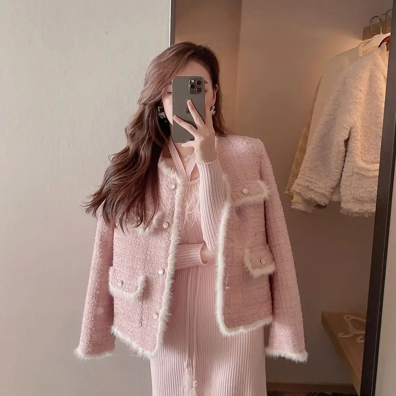 

Korean Pink Spliced Fur Plaid Tweed Jacket Women Elegant Luxury Deisgn Round Neck Short Coat Vintage Long Sleeve Chaqueta Mujer