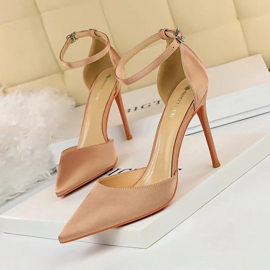 

European and American Simple High Heel Satin Shallow Mouth Pointed-Toe Hollowed Hollow Sexy Nightclub Slim-Fit Strap Sandals