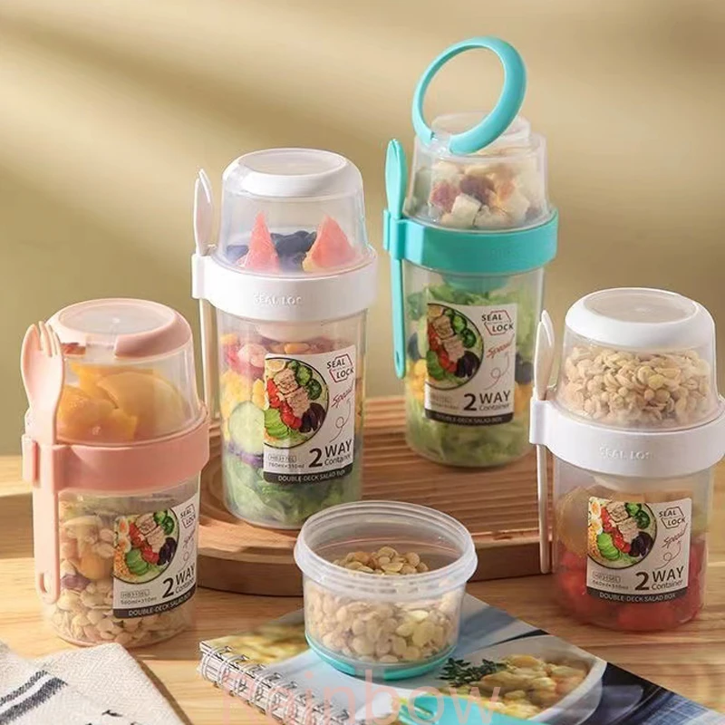 

Two-Layers Breakfast Oatmeal Cereal Nut Yogurt Salad Seal Cup Portable Container Set With Fork Cup Lid Bento Food Bowl Lunch Box