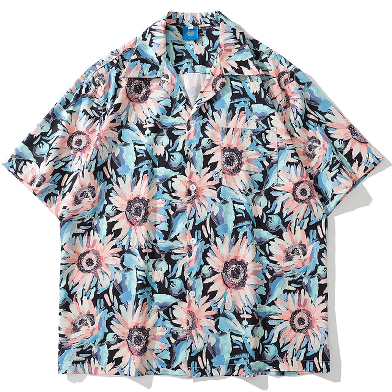 

Summer Unisex Harajuku Flowers Printed Turn-Down Collar Couple Shirts Mens Oversize Hawaii Short Sleeve Tropica Floral Shirts