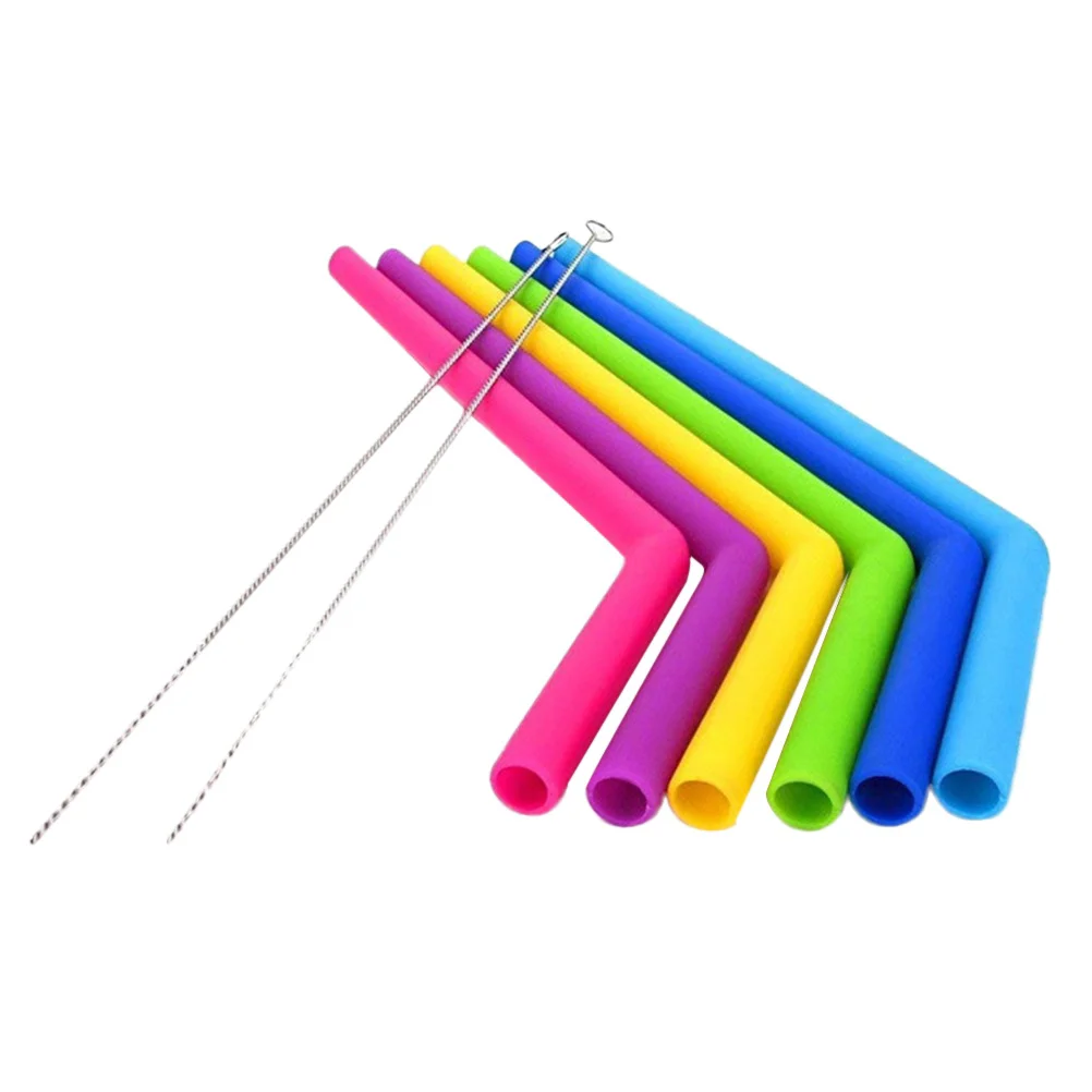 

7pcs Colorful Silicone Drinking Straws Reusable Curved Straws Set with Cleaning Brush