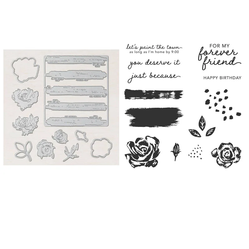 

Layered Roses,Leaves, Brushstrokes Metal Cutting Dies and Coordinating stamps Brushed Blooms Clear stamps For DIY Scrapbooking