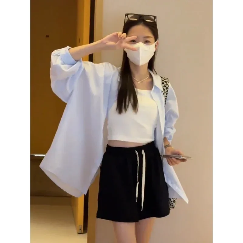 Корейская полосатая рубашка с длинным рукавом и защитой от солнца женская летняя