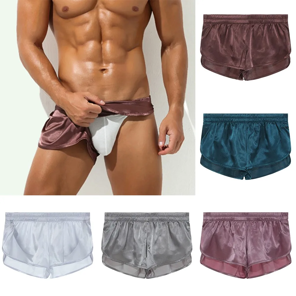 

Men Shiny Satin Split Boxer Brief Causal Homewear Shorts Male Beach Bottom Shorts Solid Color Underwear Buttocks Hollow Thong