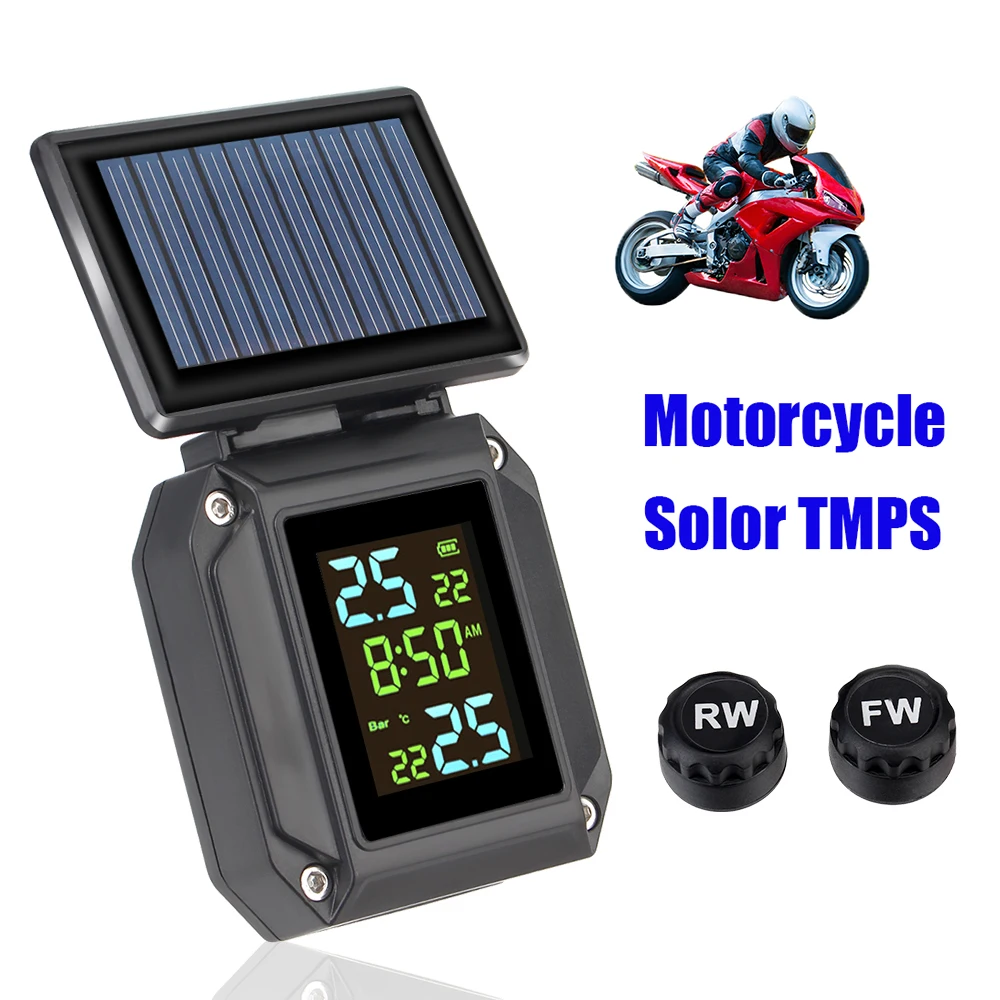 

Motorcycle TPMS Wireless 2 External Sensors Tire Pressure Monitoring System Tyre Temperature Alarm Solor USB Charge LCD Display