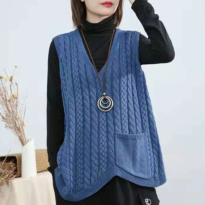 

Autumn Knitted Sweater Vest Women Sleeveless Jacket Waistcoat Winter Clothes Loose Vests Female Knitted Tops Pullover Outwear
