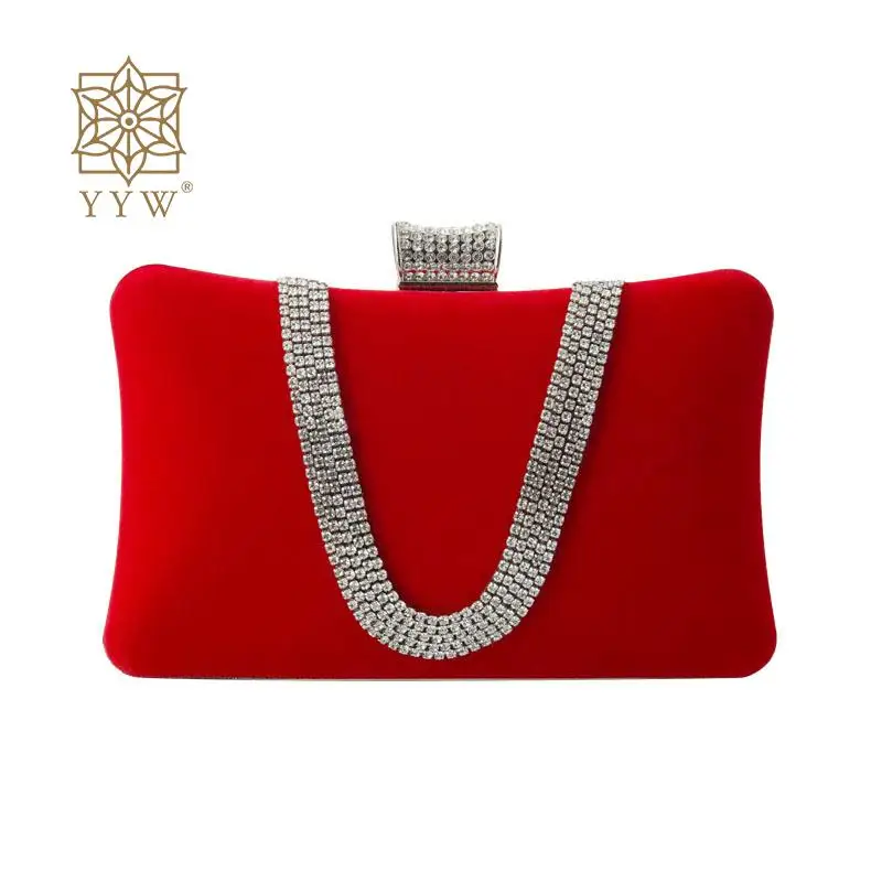 

Elegant Red Velour Pillow Shaped Evening Women Clutch Rhinestone Wedding Party Purse Bags Ladies Dinner Trendy Crossbody Banquet