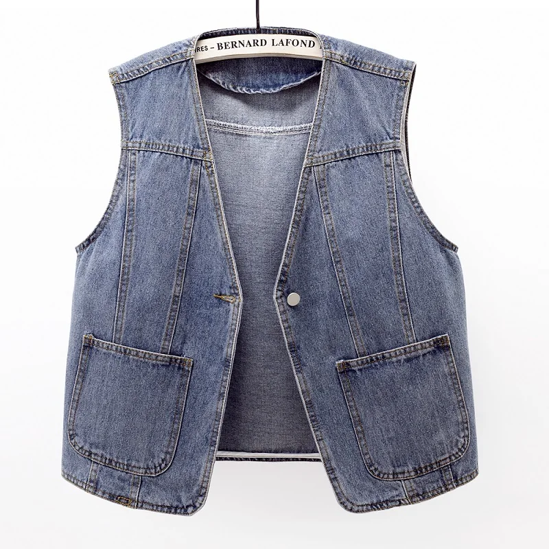 

Винтажный джинсовый жилет с большими карманами и V-образным вырезом, на одной пуговице, Женский облегающий короткий ковбойский жилет, Повсе...
