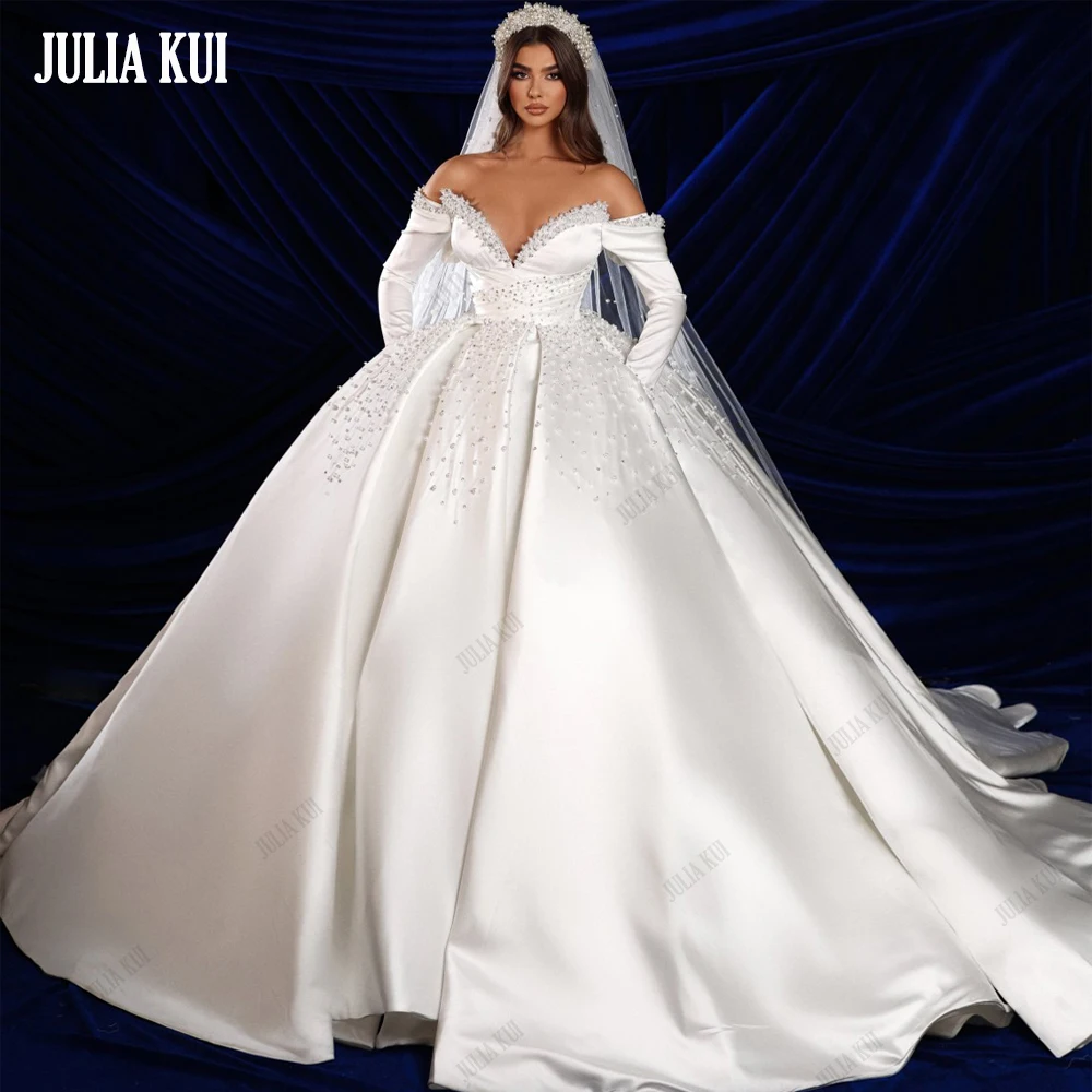 

Julia Kui New Arrival Beading Pearl Embroidered Ball Gown Wedding Dresses with Off Shoulder Sleeves Vestido De Noiva