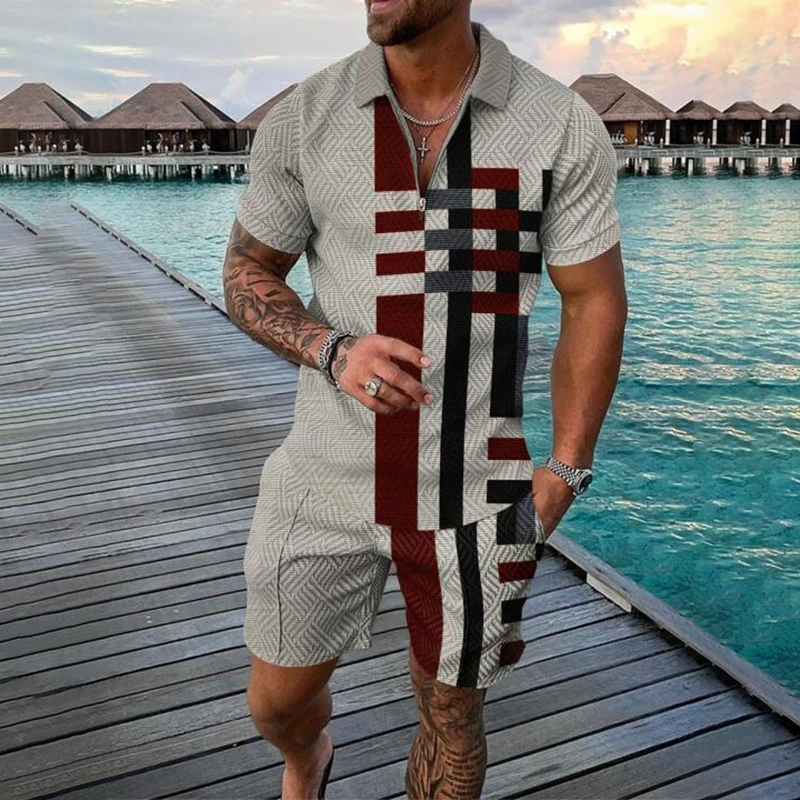 Summer Tracksuit Suit Zipper Polo Shirt Oversized 2 Piece Sets for Men Business Casual Printed High Quality Fashion Outfits Men